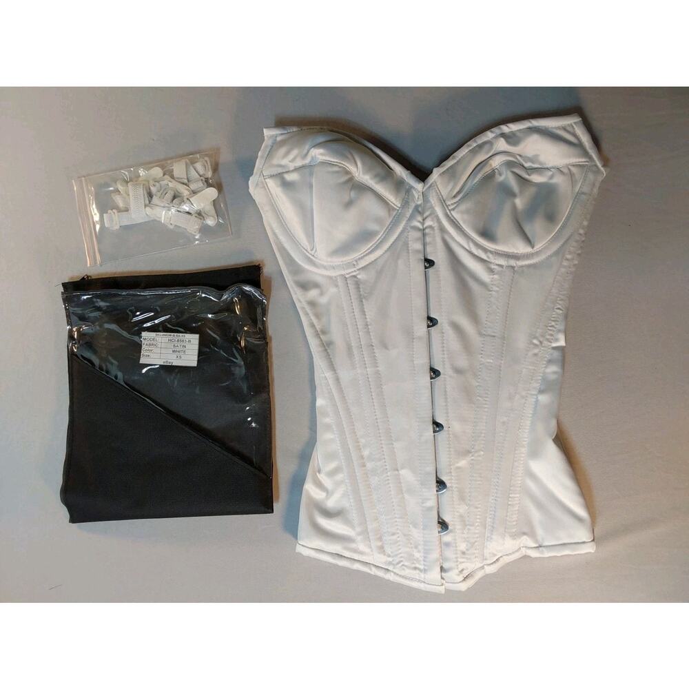 XS White Satin Overbust Corset Boned, Laced Up, With Straps #G77